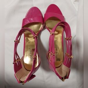 Nine West Hot Pink Strappy Open-Toe Heels with Gold Accents